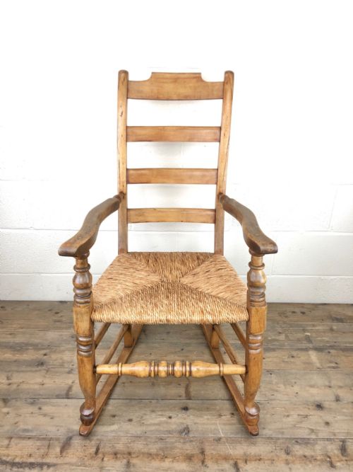fig 1. Antique Bar Back Rocking Chair with Rush Seat