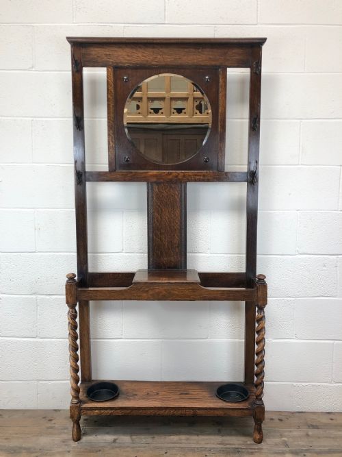Antique Oak Mirrored Hall Stand with Barley Twist Supports