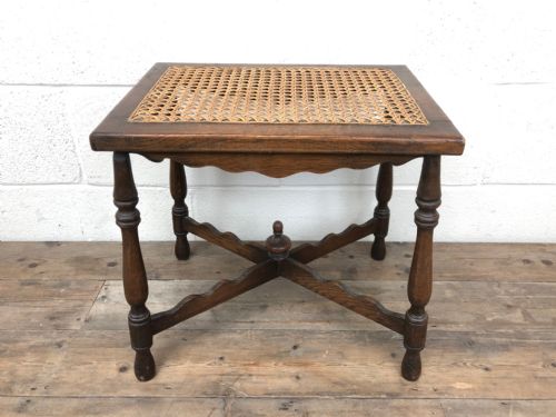 Antique Edwardian Oak X Frame Stool with Cane Seat