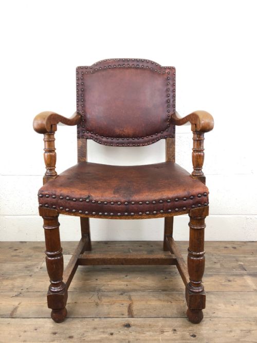 Antique Oak and Leather Studded Armchair