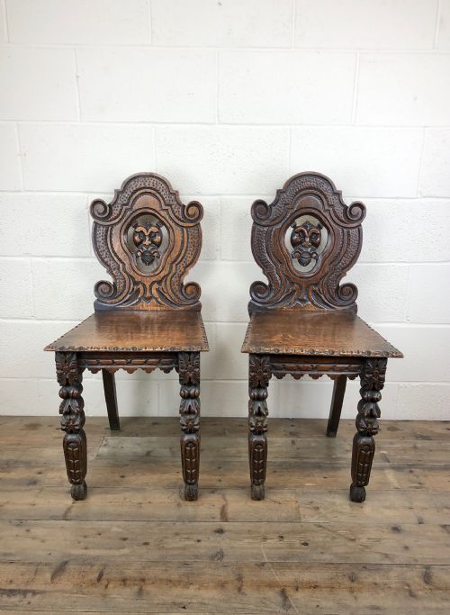 Pair of Antique Carved Oak Hall Chairs