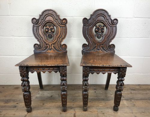 fig 1. Pair of Antique Carved Oak Hall Chairs