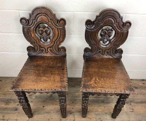 fig 2. Pair of Antique Carved Oak Hall Chairs