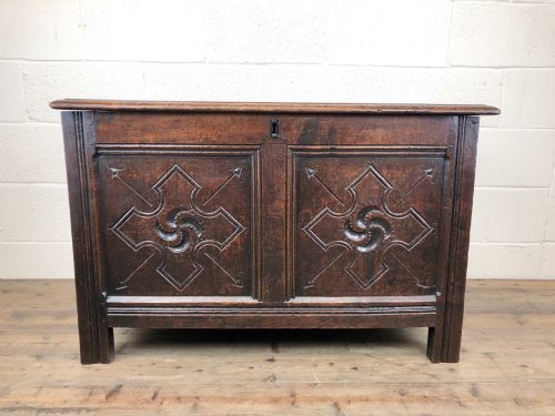 Antique 18th Century Welsh Oak Coffer with Carved Front