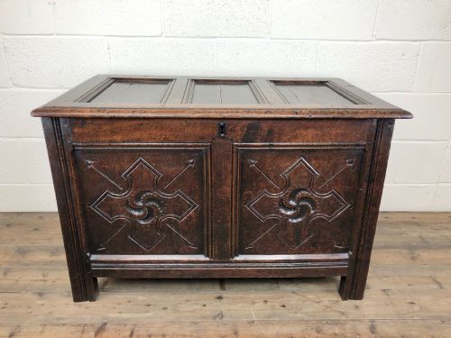 fig 1. Antique 18th Century Welsh Oak Coffer with Carved Front