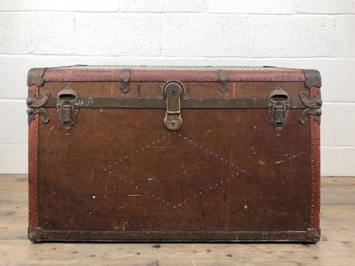 Vintage Metal Bound Leather Steamer Trunk