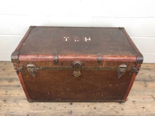fig 1. Vintage Metal Bound Leather Steamer Trunk