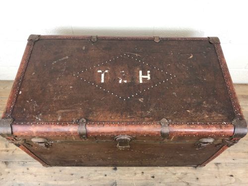 fig 2. Vintage Metal Bound Leather Steamer Trunk