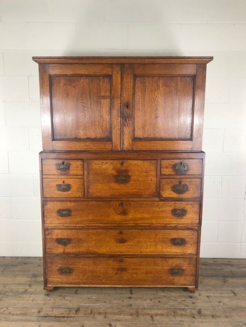 Antique 19th Century Oak Campaign Chest with Cupboard