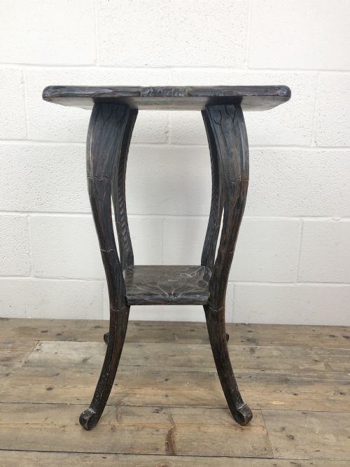 fig 1. Antique Early 20th Century Liberty Japanese Style Carved Oak Side Table