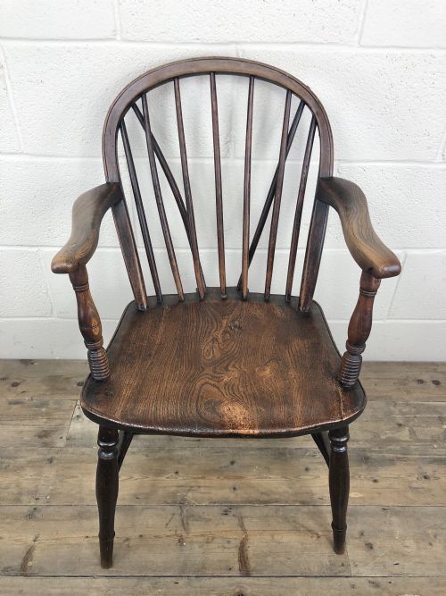 fig 1. Antique 19th Century Ash and Elm Spindle Back Windsor Armchair