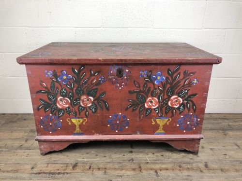 Large Decorative Antique Painted Pine Trunk or Chest