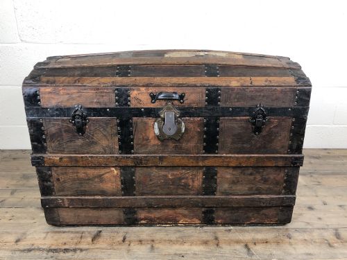 19th Century Leather Bound Wooden Steamer Trunk