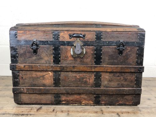 fig 1. 19th Century Leather Bound Wooden Steamer Trunk