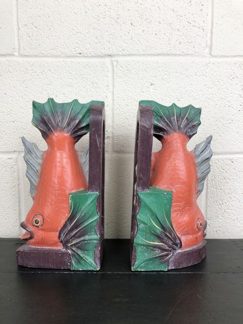 Pair of Carved and Painted Wooden Fish Bookends
