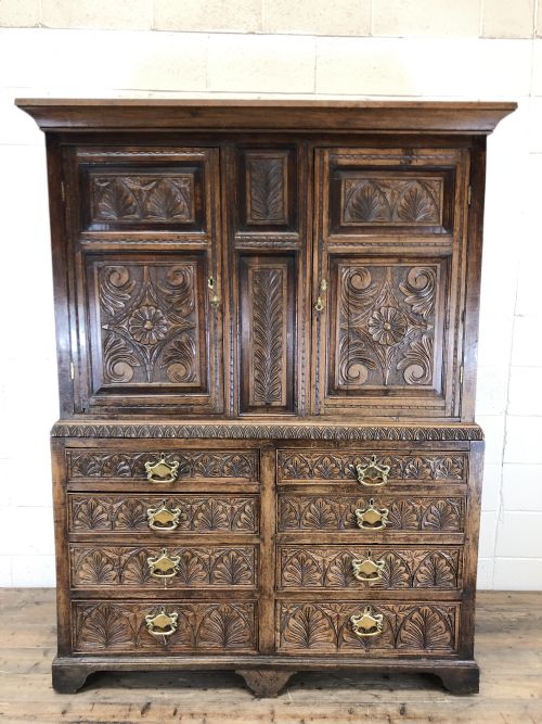 Large Antique Heavily Carved Oak Linen Press Cupboard