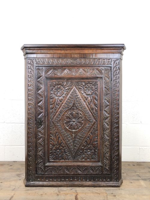 18th Century Carved Oak Wall Hanging Corner Cupboard
