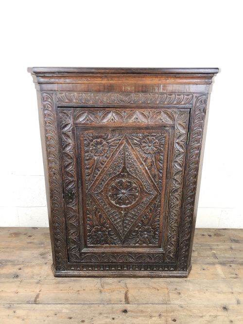 fig 1. 18th Century Carved Oak Wall Hanging Corner Cupboard