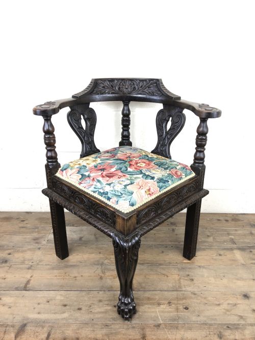 Victorian Carved Oak Corner Chair with Floral Upholstery