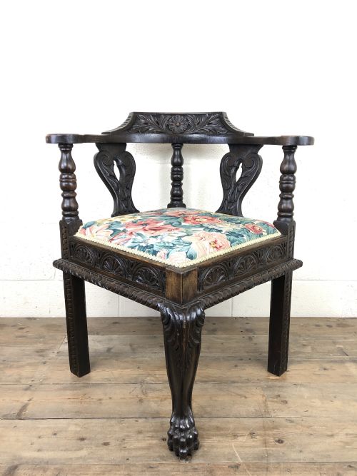 fig 1. Victorian Carved Oak Corner Chair with Floral Upholstery