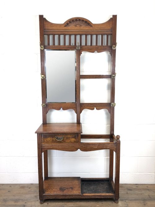 Antique Oak Arts & Crafts Mirrored Hall Stand