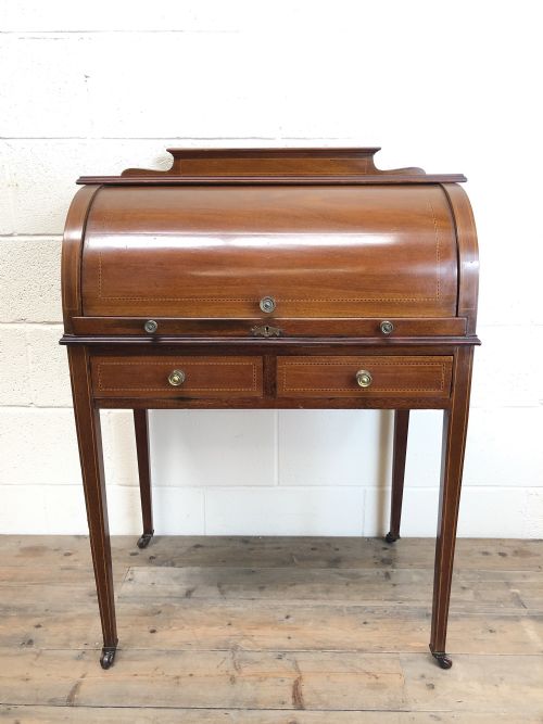 Edwardian Mahogany Inlaid Cylinder Top Desk