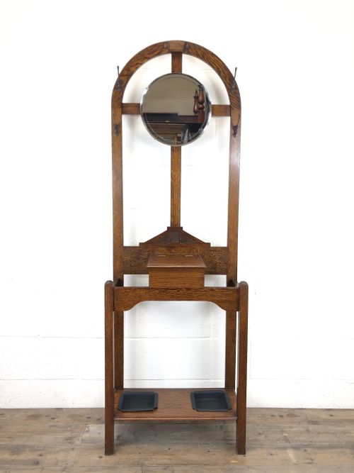 Antique Oak Hat and Coat Hall Stand with Mirror
