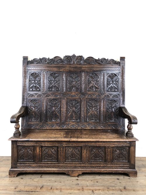 Antique Victorian Carved Oak High Back Settle
