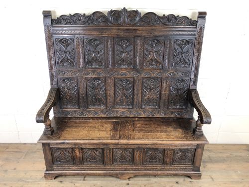 fig 1. Antique Victorian Carved Oak High Back Settle