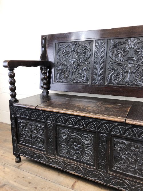fig 1. Antique Late Victorian Carved Oak Monk’s Bench