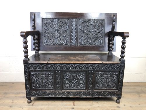 Antique Late Victorian Carved Oak Monk’s Bench