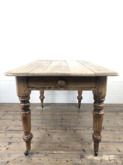 Antique Pine Farmhouse Kitchen Table with Drawer