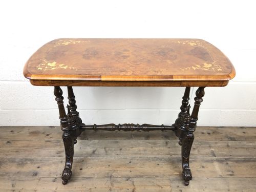Victorian Walnut Inlaid Stretcher Table or Side Table