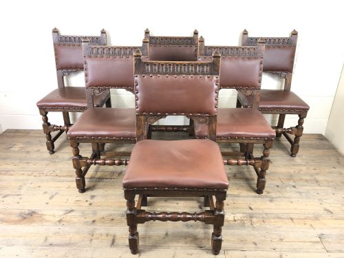 Set of Six Oak and Leather Chairs