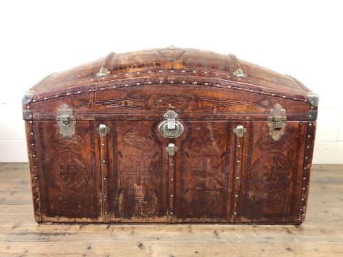 Large Leather Bound Dome Top Trunk