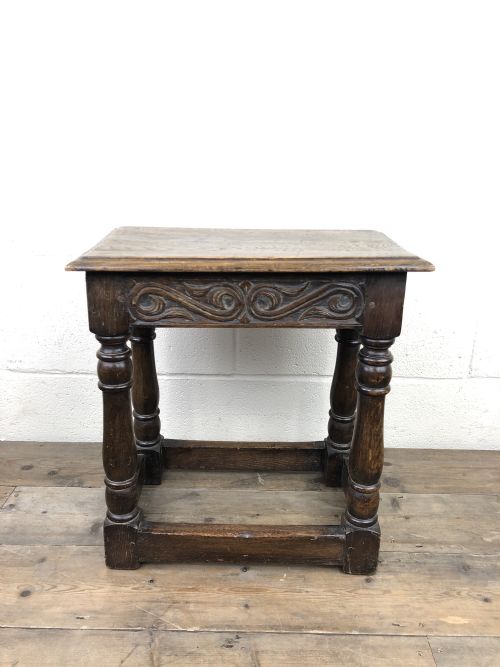 Antique Oak Joint Stool with Carved Detail