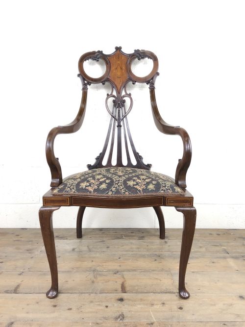 Edwardian Art Nouveau Inlaid Mahogany Armchair