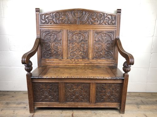 Victorian Carved Oak Settle or Hall Bench