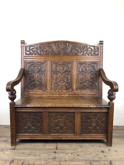 Victorian Carved Oak Settle or Hall Bench