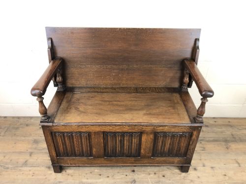Antique Oak Monks Bench with Linen Fold Detail
