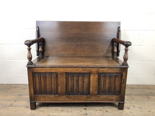 fig 1. Antique Oak Monks Bench with Linen Fold Detail