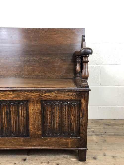 fig 2. Antique Oak Monks Bench with Linen Fold Detail