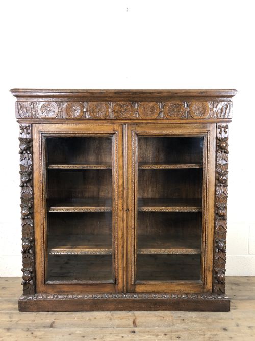 Victorian Glazed Oak Cabinet with Carved Detail