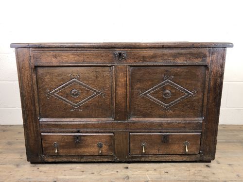 18th Century Oak Coffer or Mule Chest with Carved Panels