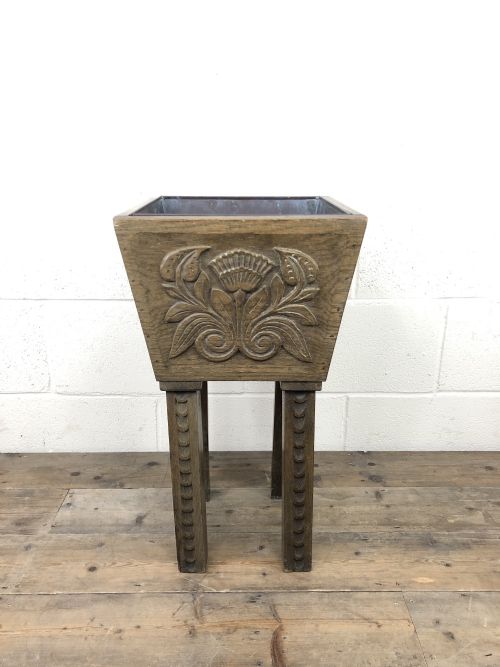 Carved Oak Plant Stand with Metal Liner