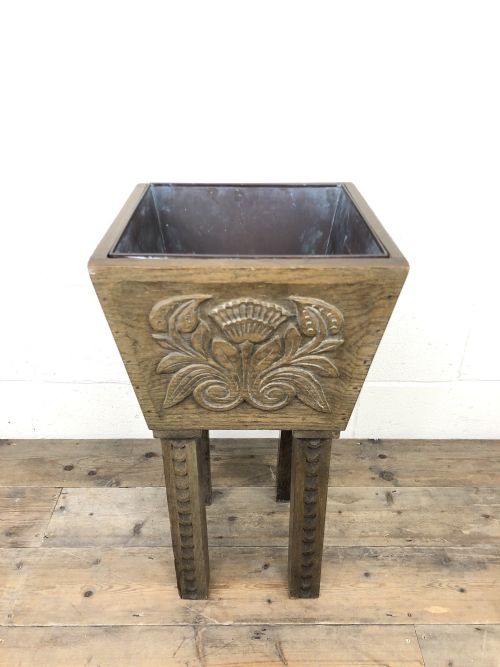 fig 1. Carved Oak Plant Stand with Metal Liner