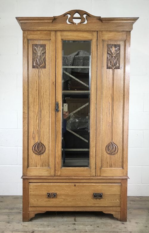 Antique Edwardian Oak Mirror Wardrobe