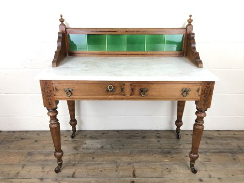 Antique Pine and Marble Washstand with Tiled Back