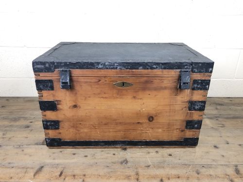 Antique Pine Metal Bound Trunk with Tin Lining