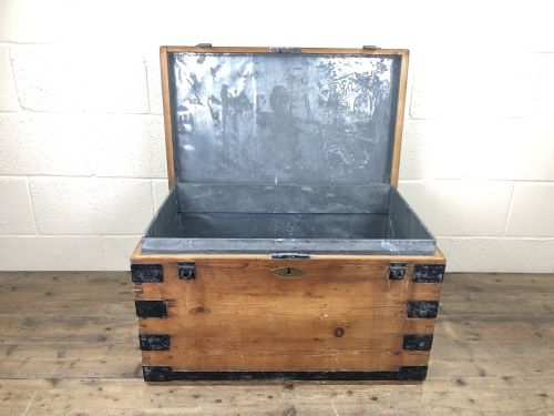 fig 1. Antique Pine Metal Bound Trunk with Tin Lining